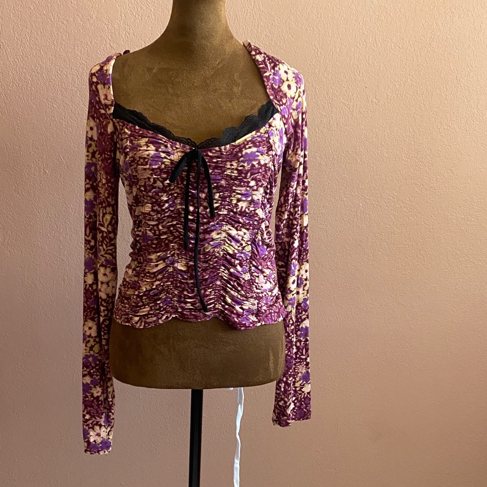 Free People Purple Floral Blouse with Black Accents